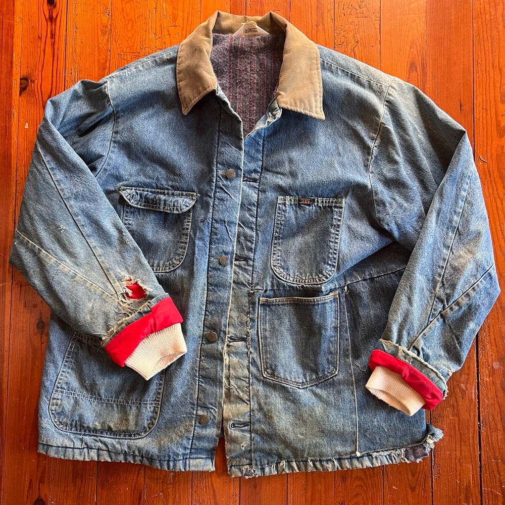 1970s Men's Denim Work Jacket with Corduroy Collar - EUC Repairs!!